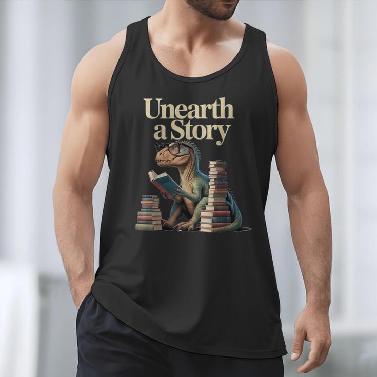 Unearth A Story Dinosaur Reading a Library Book Men Tank Top