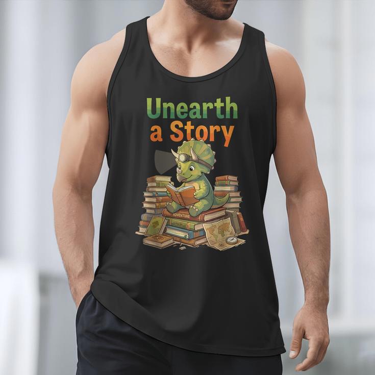 Unearth a Story Triceratops Dinosaur Reading Books Cute Dino Men Tank Top