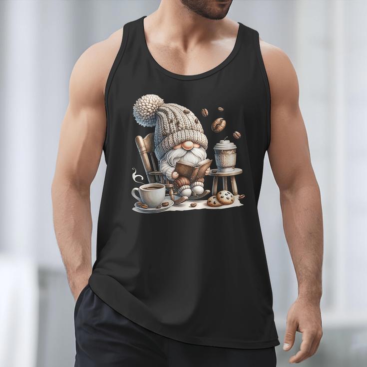 Vintage Cute Gnome Reading Book Coffee Cute Gnome Graphic Men Tank Top