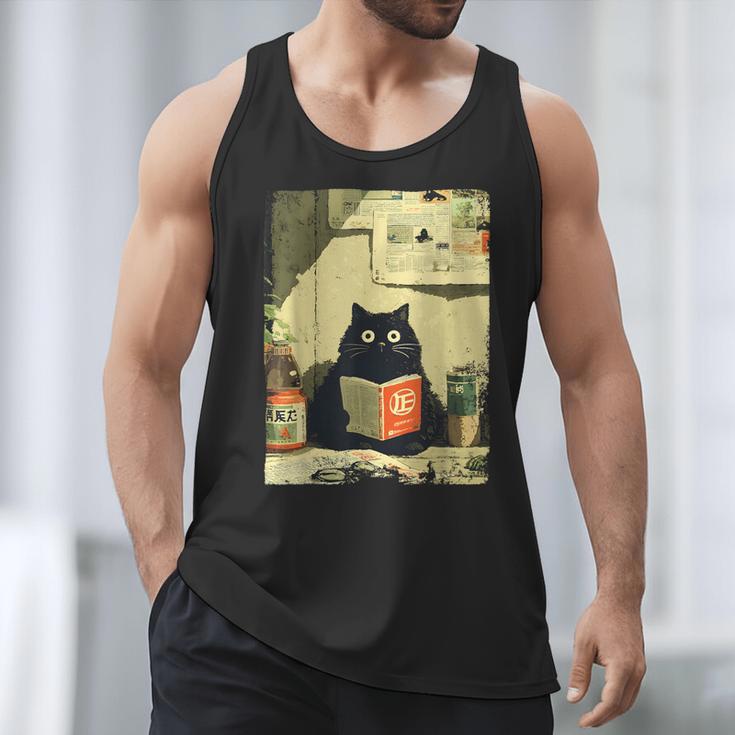 Vintage Japanese Cat Book Lovers Librarian Cat Dad Teacher Men Tank Top
