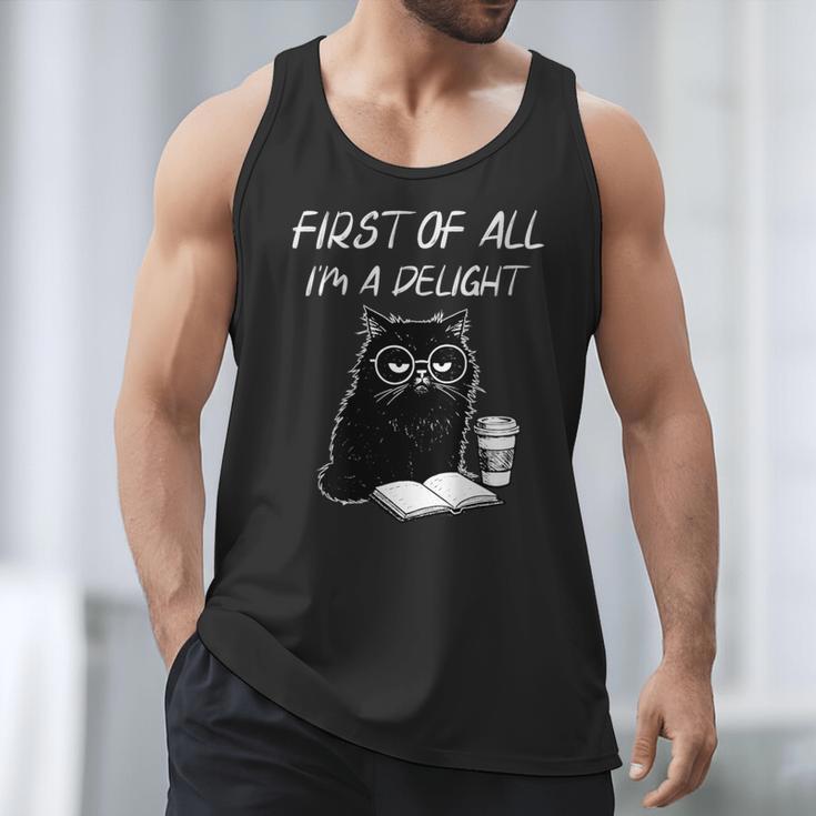 Women's First Of All I’m A Delight Cute Cat Books Coffee Humor Men Tank Top