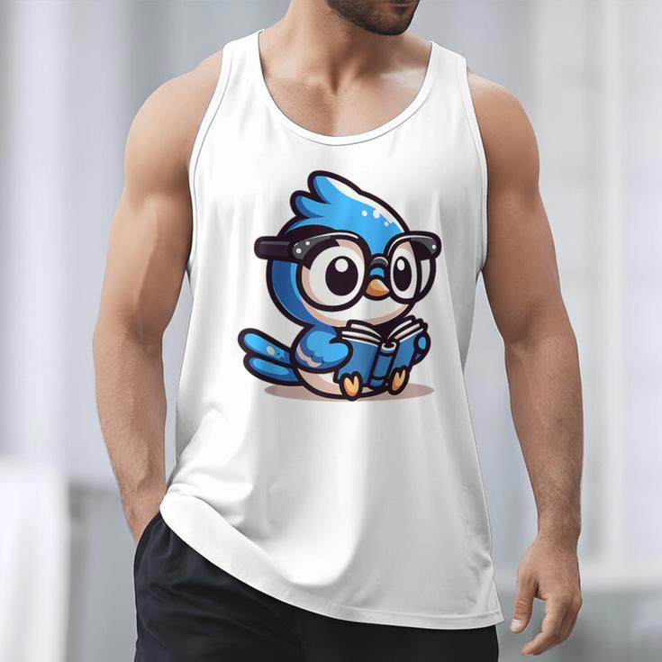 Adorable Book Lover Blue Jay With Reading Glasses Cute Raglan Baseball Tee Men Tank Top