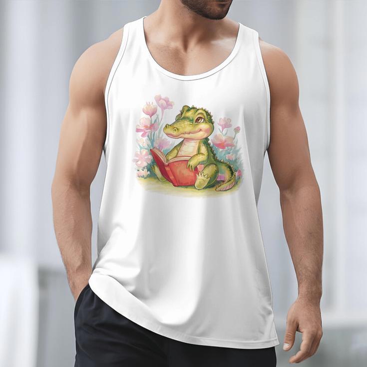 Crocodile Reading Book Watercolor Flowers Kids Men Tank Top Crocodile Reading Book Watercolor Flowers Kids Men Tank Top