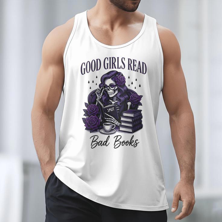 Good Girls Read Bad Books Sarcastic Skeleton Goth Skull Men Tank Top