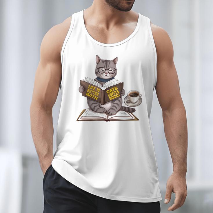 Life Is Better With Cats Coffee Books Cat Reading Book Men Tank Top