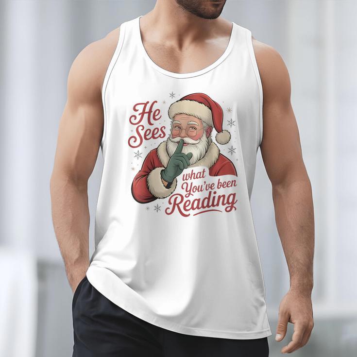 He Sees What You'Ve Been Reading Bookish Christmas Humor Men Tank Top