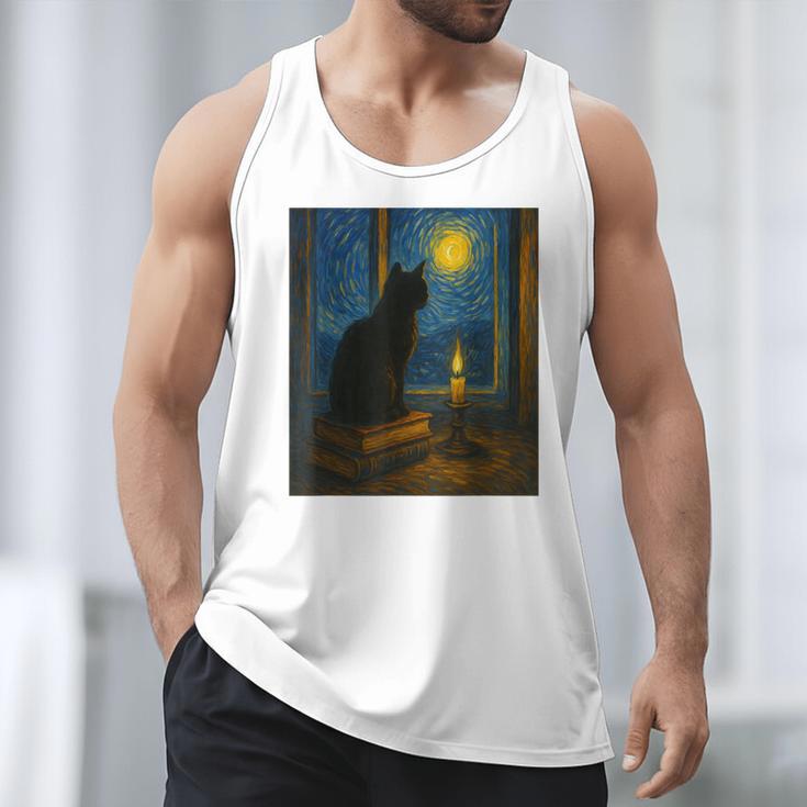 Van Gogh Starry Night Art Cat And Book Lovers Men Tank Top Van Gogh Starry Night Art Cat And Book Lovers Men Tank Top