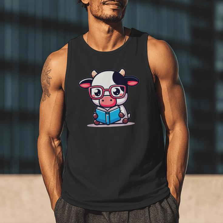 Adorable Book Lover Cow With Reading Glasses Cute Men Tank Top