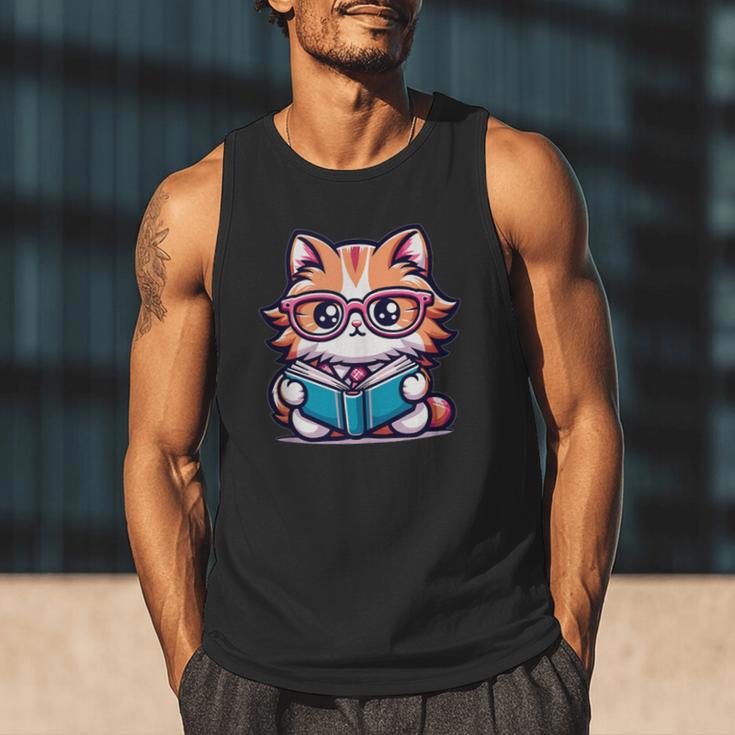 Adorable Book Lover Maine Coon Cat With Reading Glasses Cute Men Tank Top