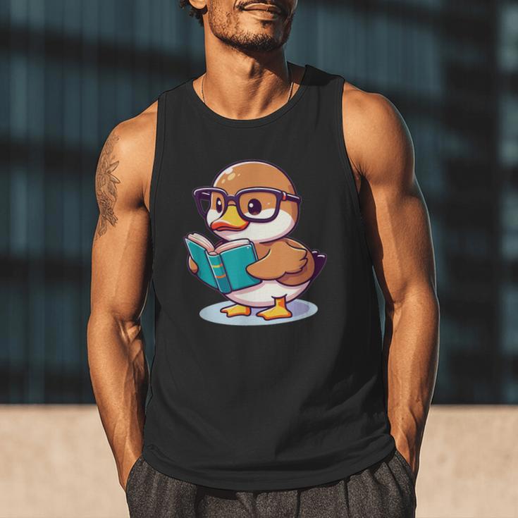 Adorable Book Lover Mallard Duck With Reading Glasses Cute Men Tank Top