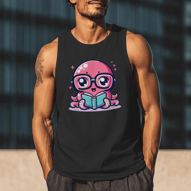Adorable Book Lover Octopus With Reading Glasses Cute Men Tank Top