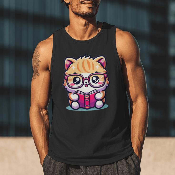Adorable Book Lover Persian Cat With Reading Glasses Cute Men Tank Top