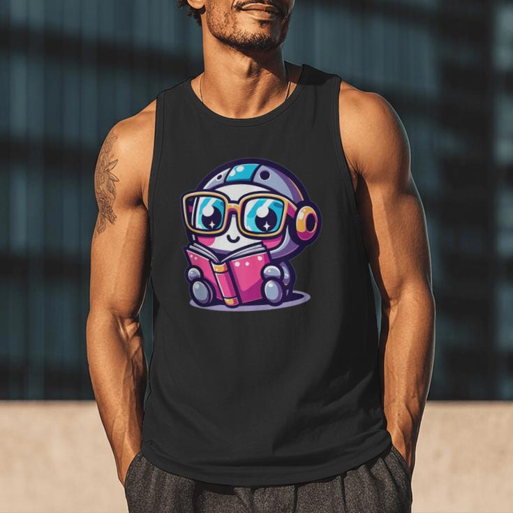 Adorable Book Lover Robot With Reading Glasses Cute Men Tank Top