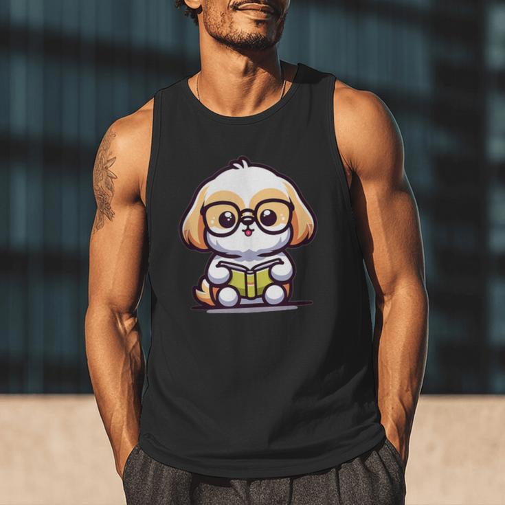 Adorable Book Lover Shih Tzu With Reading Glasses Cute Men Tank Top