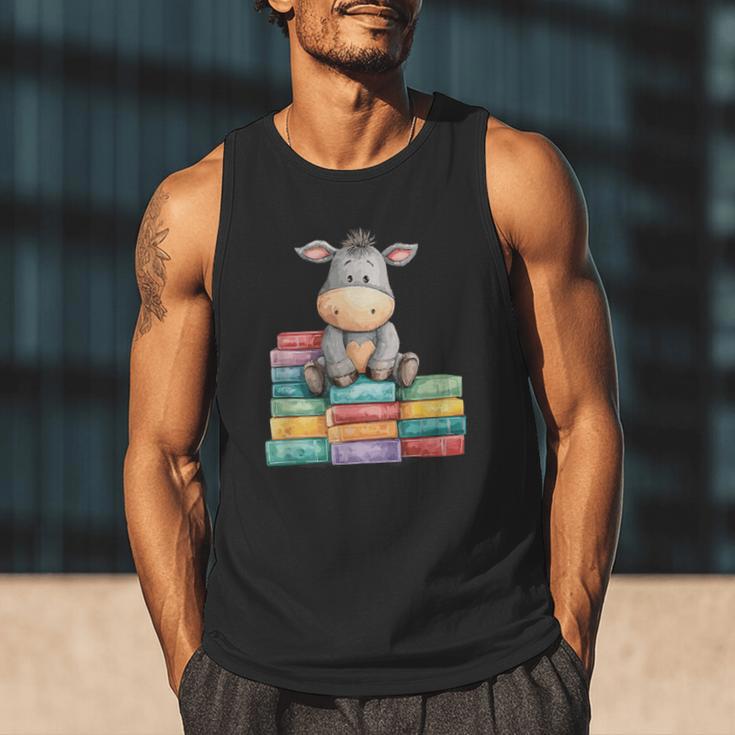 Adorable Donkey With Heart Sitting On Colorful Book Stack Men Tank Top Adorable Donkey With Heart Sitting On Colorful Book Stack Men Tank Top