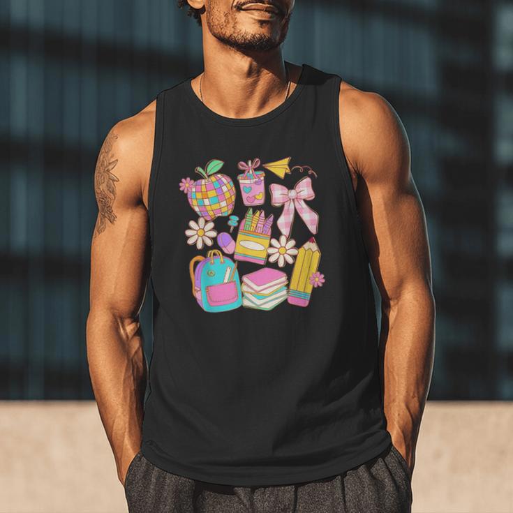 Apple Disco Pencil Books Bow Teacher Student Back To School Men Tank Top