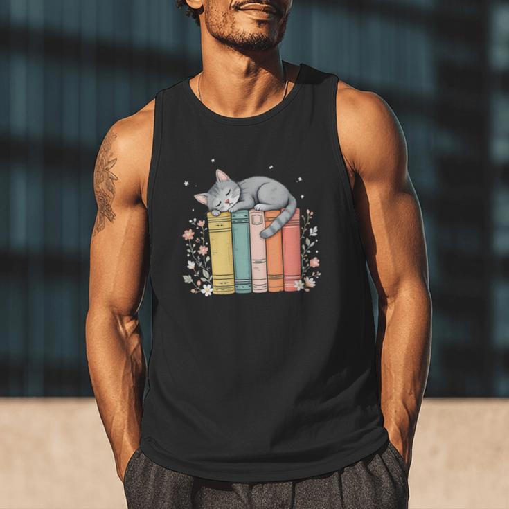 Books Lover Cute Sleepy Cat Relax Reading Vibe Men Tank Top