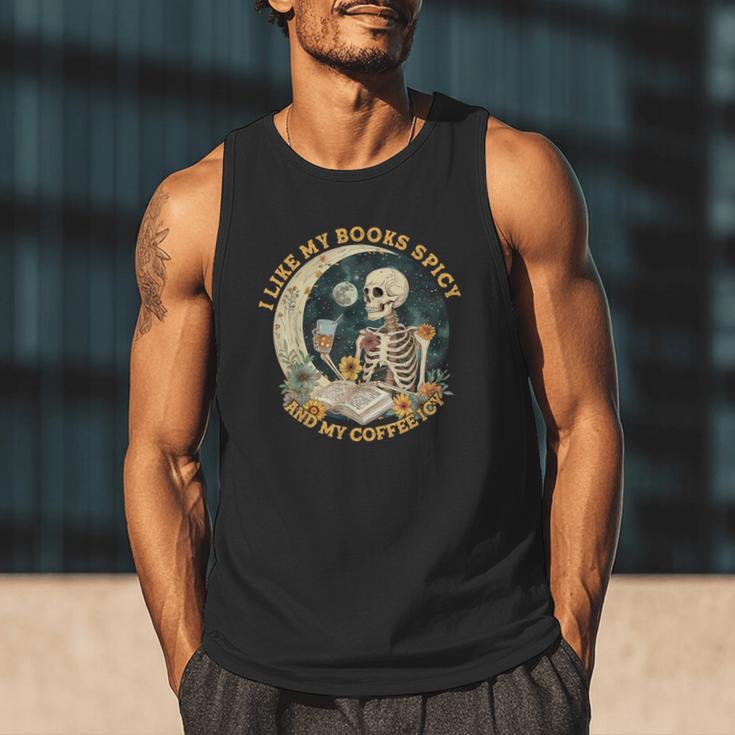 I Like My Books Spicy & My Coffee Icy Skeleton Read Book Men Tank Top I Like My Books Spicy & My Coffee Icy Skeleton Read Book Men Tank Top