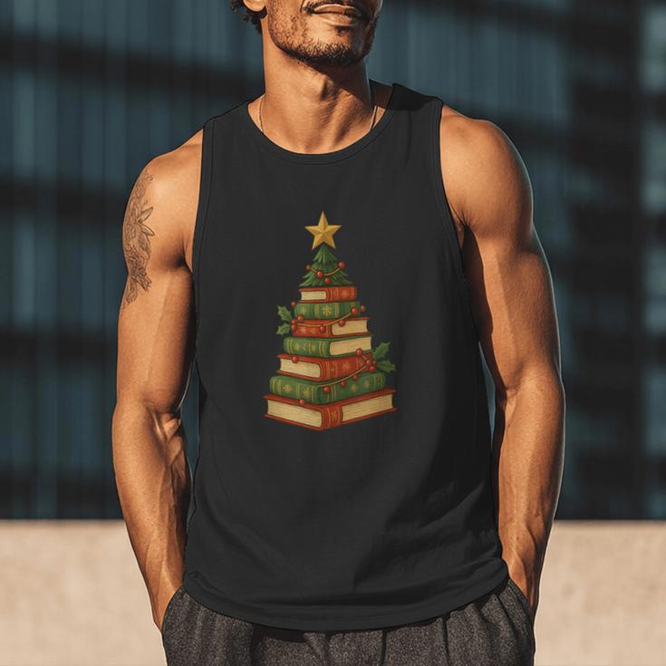 Christmas Book Tree Bookshelf Holiday For Readers Librarians Men Tank Top