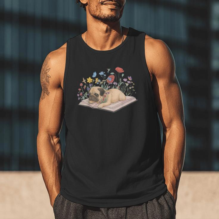 Color Floral Cute Pug Dog On Book Reading Bookworm Reader Men Tank Top Color Floral Cute Pug Dog On Book Reading Bookworm Reader Men Tank Top