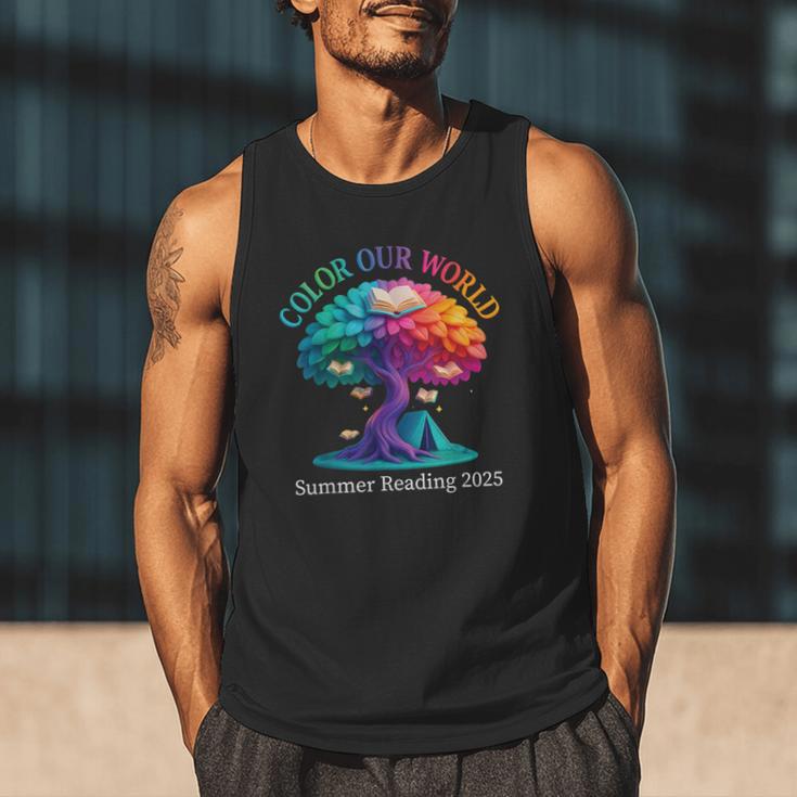 Color Our World Summer Reading 2025 Tree Book Lover Camping Men Tank Top