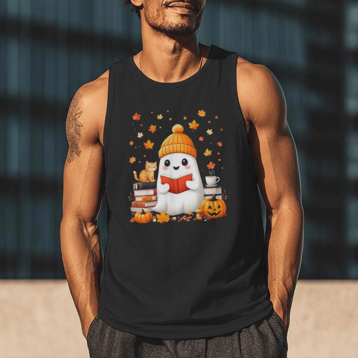 Cute Beanie Ghost Bookworm Cozy Book Reading Halloween Men Tank Top