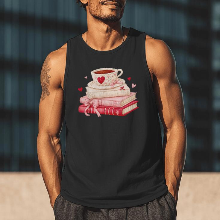 Cute Books And Coffee Crochet Valentines Day Tee For Couples Men Tank Top