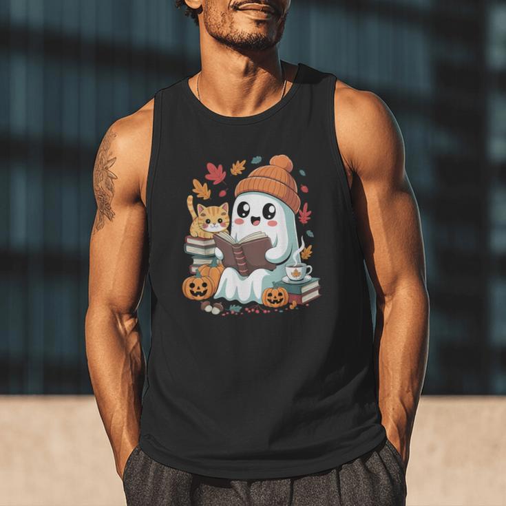 Cute Cozy Ghost Reading With Cat Book Lover Autumn Fall Men Tank Top