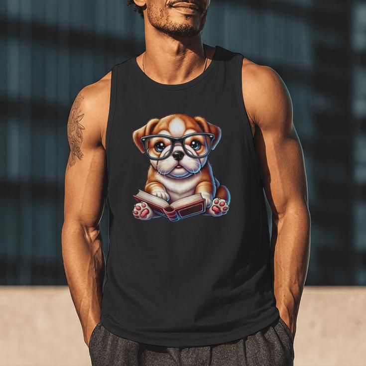 Cute Dog Puppy English Bulldog Reading Book Men Tank Top