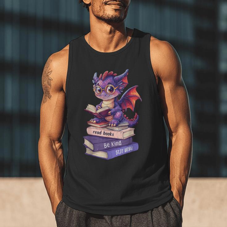 Cute Dragon Read Books Be Kind Stay Weird Book Lover Men Tank Top