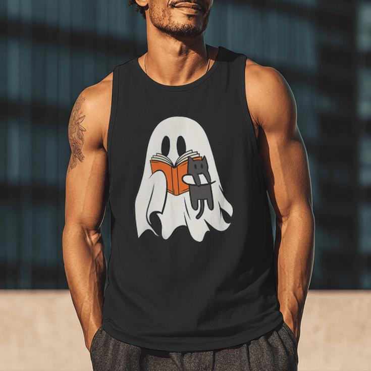 Cute Ghost Cat Reading Book Spooky Season Halloween Costume Men Tank Top