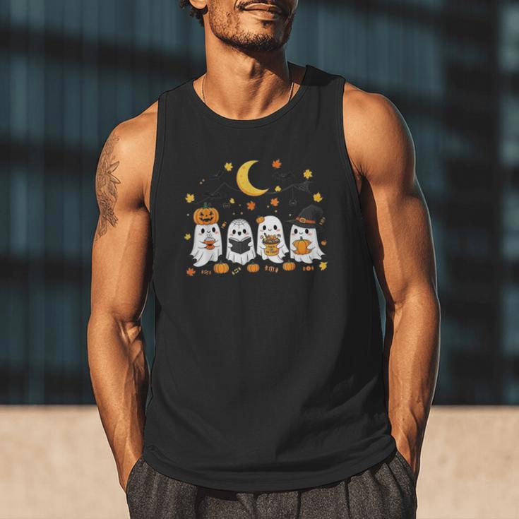 Cute Ghost Drinking Coffee Halloween Fall Ghost Book Reading Men Tank Top