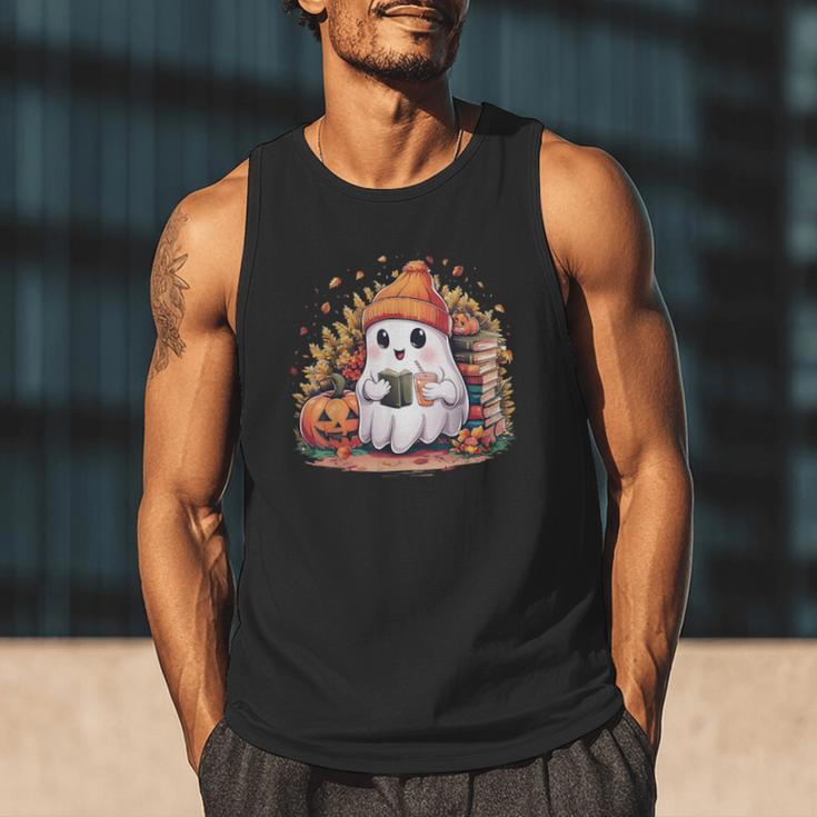 Cute Ghost Drinking Coffee Halloween Reading Book Retro Men Tank Top