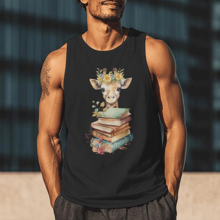 Cute Giraffe With Book Floral Bookworm Librarian Book Lover Men Tank Top