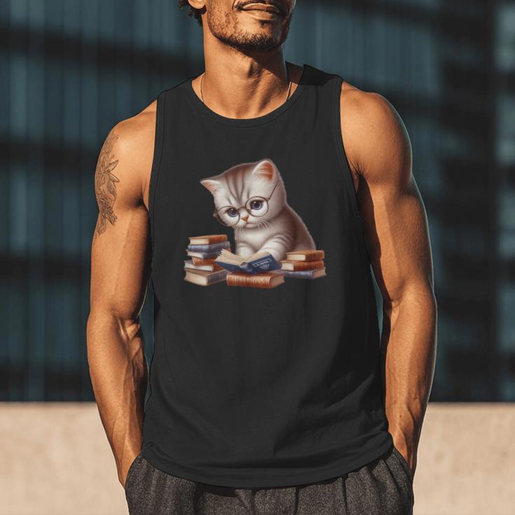 Cute Kitten Bookworm Adorable Cat With Glasses Reading Book Men Tank Top
