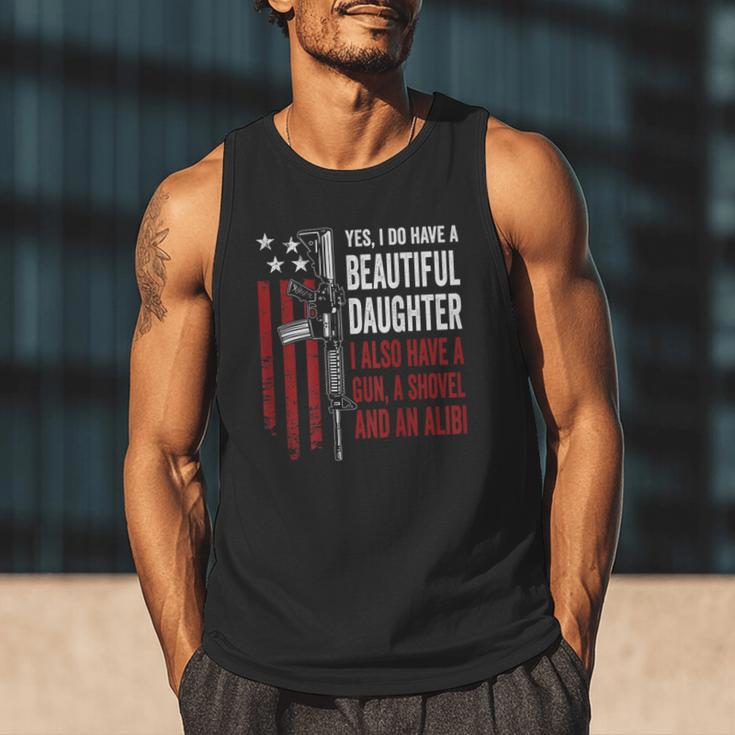 Daughter Gun Shovel Alibi Mom Dad Guns Joke -ON Back Men Tank Top