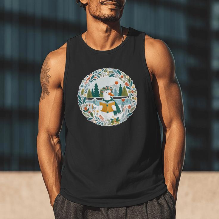 Duck Wilderness Book Reading Illustration Floral Men Tank Top