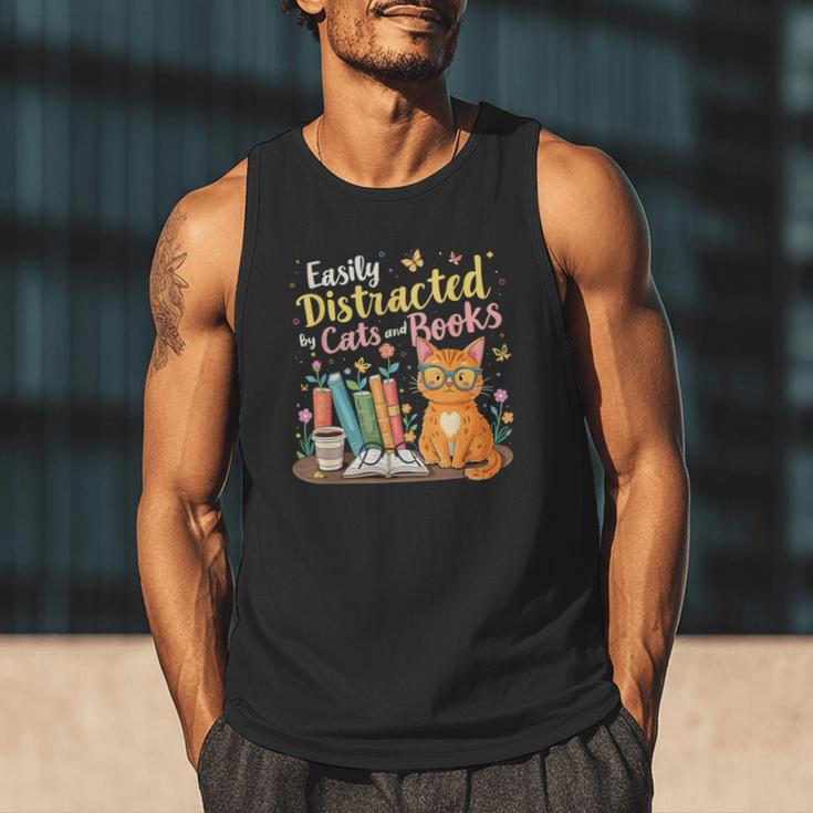 Easily Distracted By Cats And Books Book & Cat Lover Men Tank Top