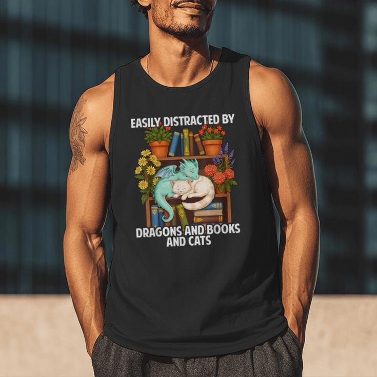 Easily Distracted By Dragons Books Cats Fantasy Book Lover Men Tank Top