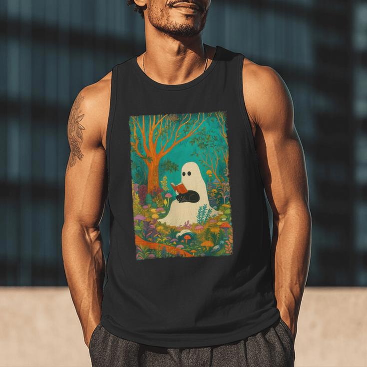 Groovy Ghost Reading Book Cat Halloween Ghost Teacher Men Tank Top