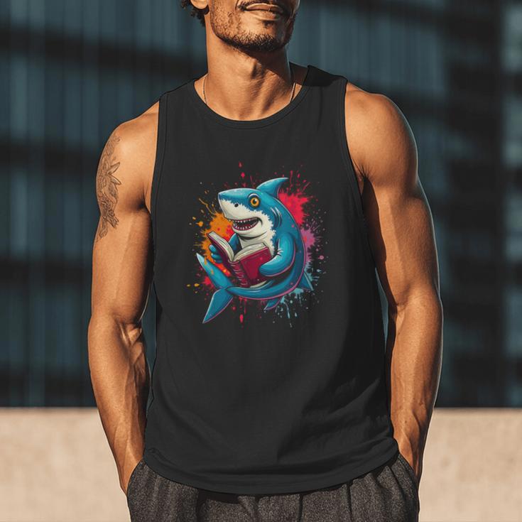 Kawaii Shark Reads Book Reading Library Book Bookworm Men Tank Top