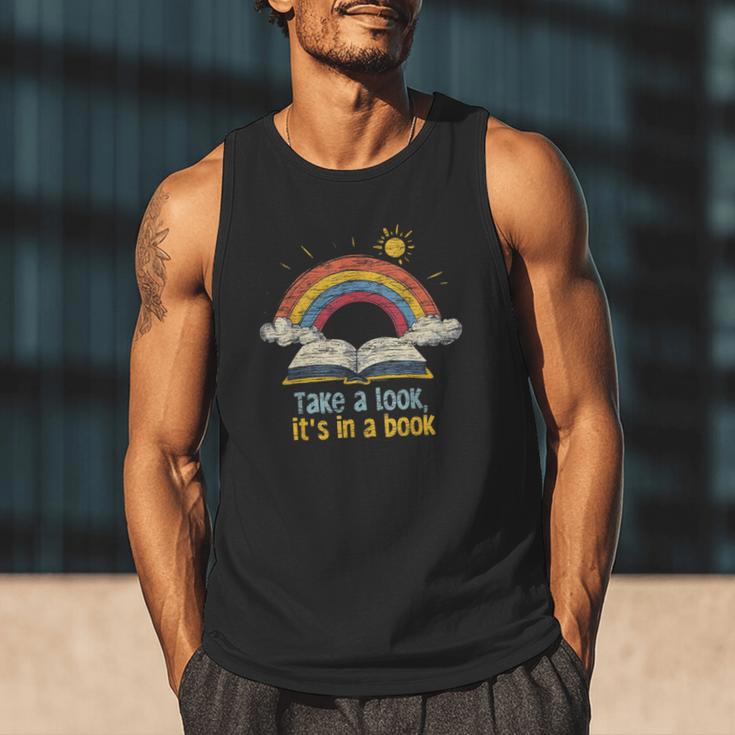 Take a Look It's In a Book Vintage Reading Teacher Rainbow Men Tank Top