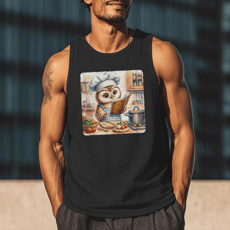 Owl Learning To Cook With Cookbook Chef Apron Stove Cooking Men Tank Top