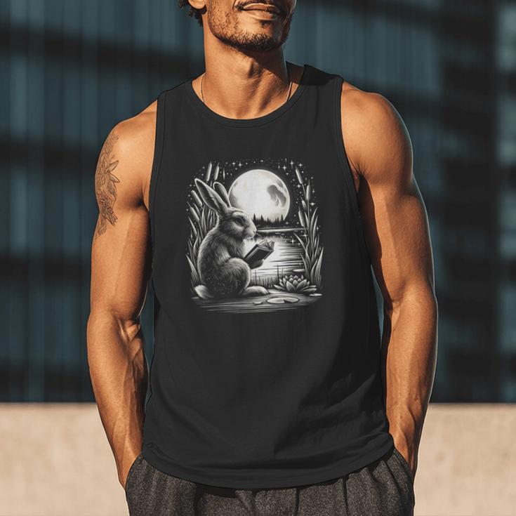 Rabbit Reading Book Full Moon Lake Scenery Men Tank Top