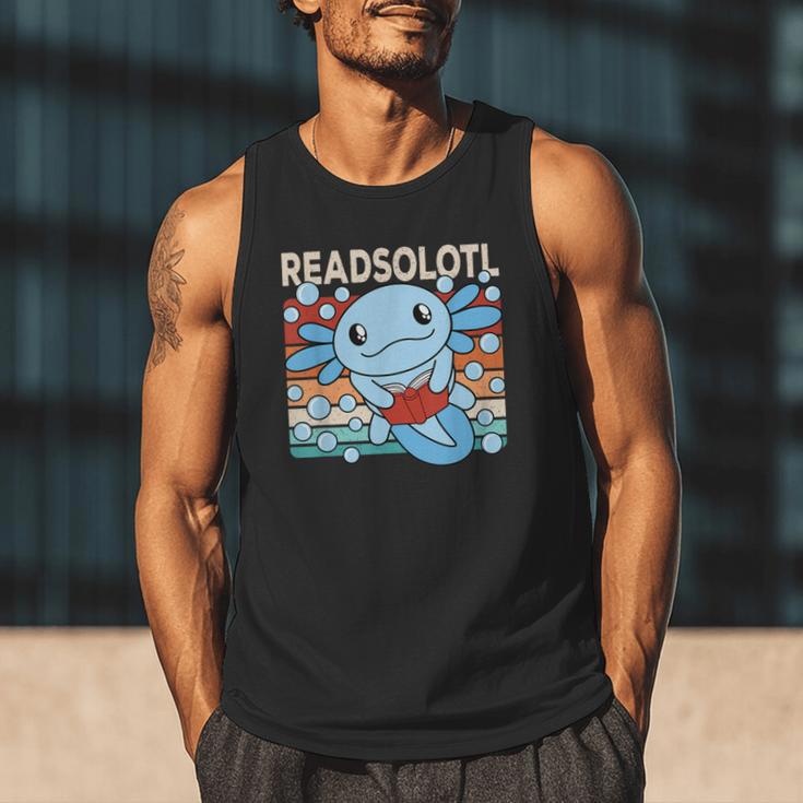 Readsolotl Blue Kawaii Axolotl Book Lover Reading Retro Men Tank Top