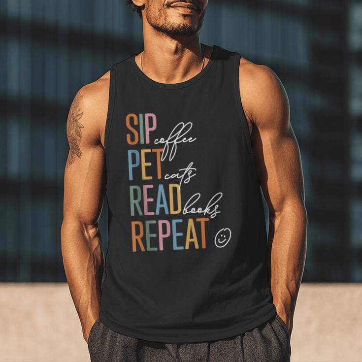 Sip Coffee Pet Cats Read Books Repeat Book Cat Lover Men Tank Top