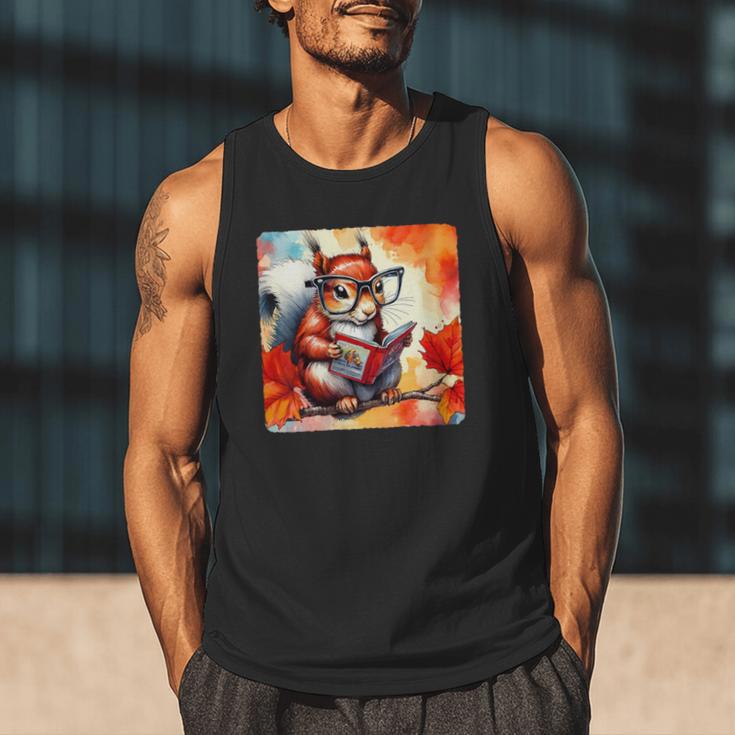 Squirrel Reading Comic Book On Autumn Branch Glasses Leaves Men Tank Top