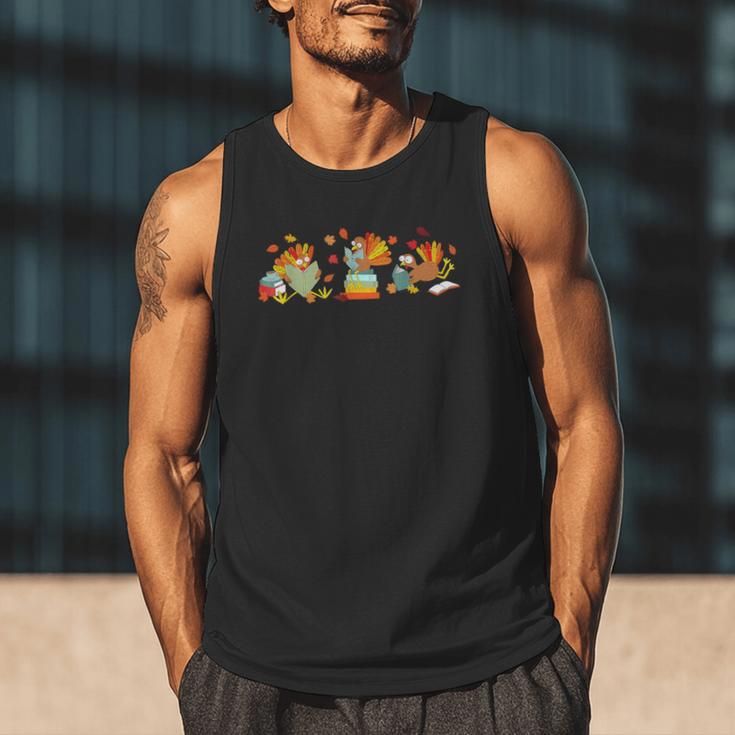 Turkey Reading Books Fall Thanksgiving Teacher Book Lovers Men Tank Top