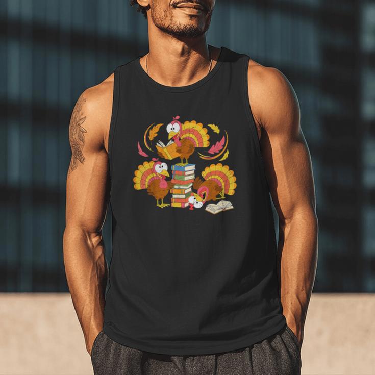 Turkey Reading Books Fall Thanksgiving Teacher Librarian Men Tank Top