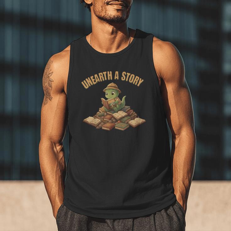 Unearth a Story Dinosaur Reading Books Summer 2026 Men Tank Top